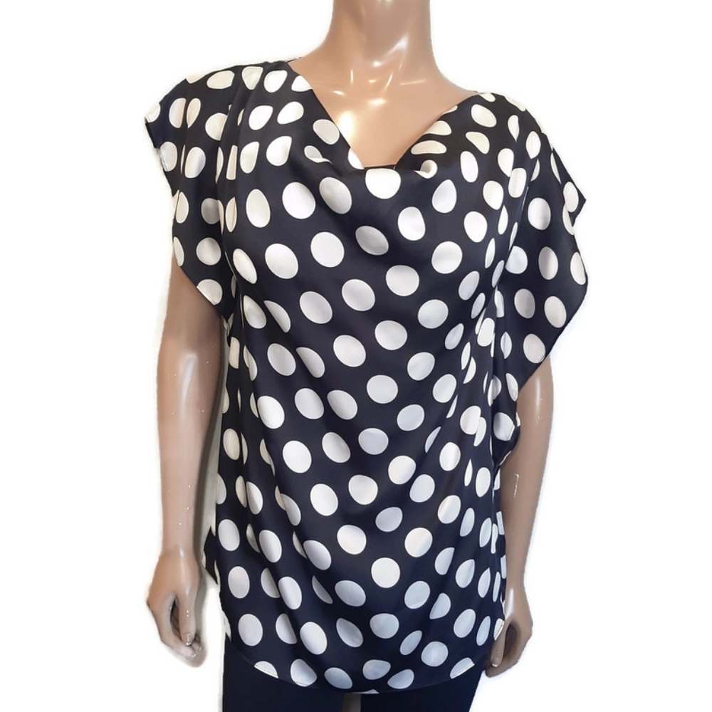 Edit By Jeanne Beker Silky Polka Dot Blouse Cowl Neck Flutter Sleeve Black Top